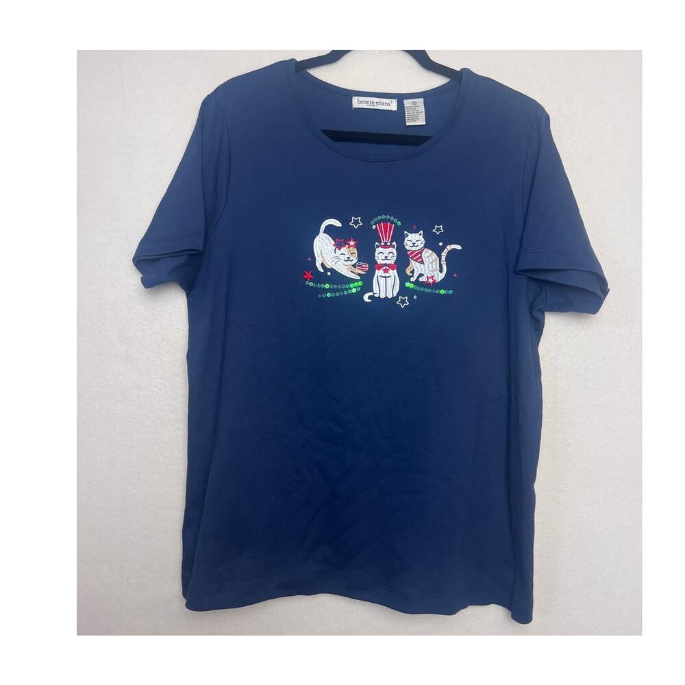 Bonnie Evans Women's Short Sleeve Fourth of July Cats Navy Blue T-Shirt Size 1X